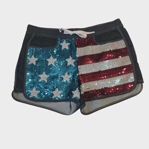 Juicy Couture US Flag Sequin Shorts Patriotic Denim Stretch July 4th USA Medium